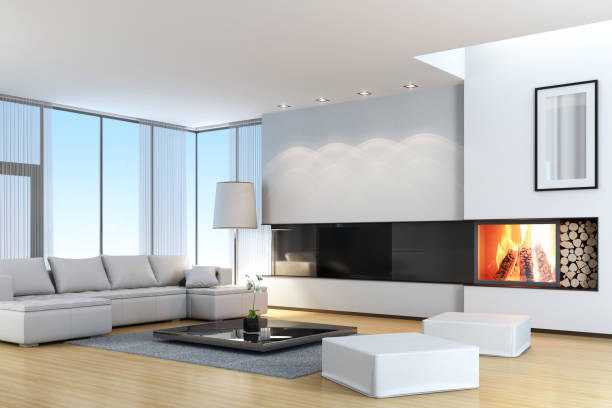 istock Modern White Villa with TV & Fireplace 172474148