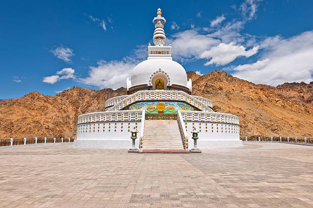 Awsome White Shanti Stupa Leh Ladakh India stock photo