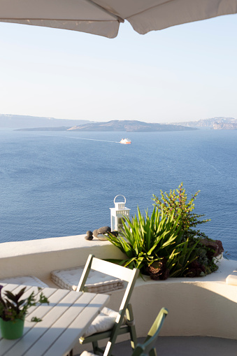 Beautiful Mediterranean Sea coastal landscape from a hotel balcony in Santorini, Greece