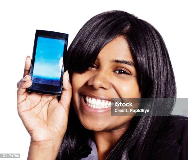 Look Smiling Woman Shows Blank Cellphone Screen You Add Message Stock Photo - Download Image Now