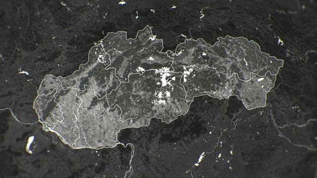 Zoom in on monochrome map of Slovakia, 4K, high quality, dark theme, simple world map, monochrome style, night, highlighted country and cities, satellite and aerial view of provinces, state, city,