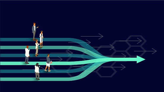 Six healthcare professionals stand on a set of arrows that converge into one, illustrating the concept of moving forward together. Translucent teal and turquoise arrows appear on an ultra-dark background within a 16x9 landscape artboard. Vector shapes, including people, are presented in isometric projection using a limited color palette. People are dressed as healthcare professionals and use internet-enabled devices.