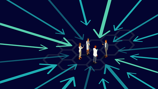 20 arrows converge as they point to a group of four healthcare workers, illustrating the concept of emphasis or targeting. Translucent teal and turquoise arrows appear on an ultra-dark background within a 16x9 landscape artboard. Vector shapes, including people, are presented in isometric projection using a limited color palette. People are dressed as healthcare professionals and use internet-enabled devices.