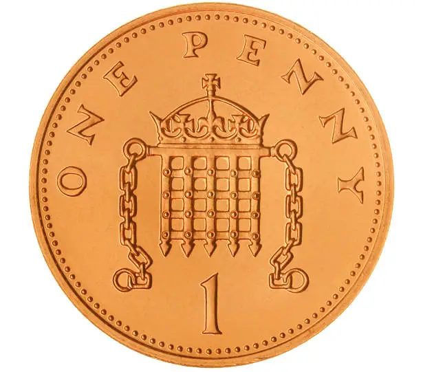 British one penny coin featuring the crowned portcullis design, which represents the UK Parliament. The image faithfully reproduces the correct copper colour of the coin in mint condition. Includes clipping path.
