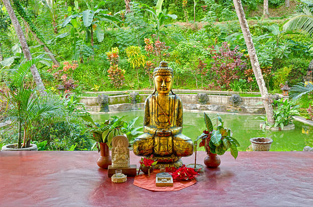 pequena estátua do buda em uma sala de meditação - sculpture contemporary buddha sparse - fotografias e filmes do acervo