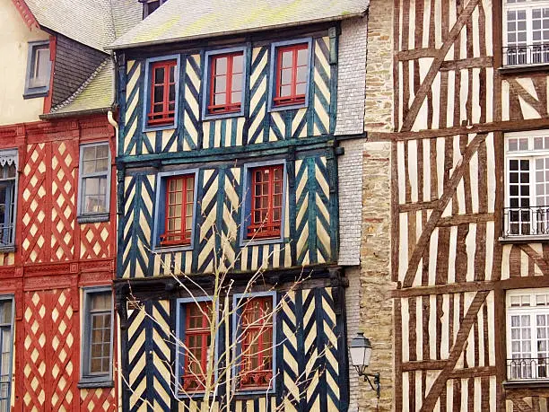 "half timbered houses in the old town of rennes ille-et-villaine, brittany, france"