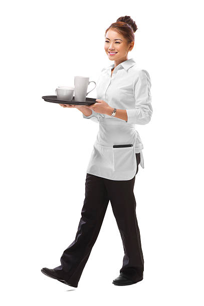 young waitress walking with a tray of cups young waitress on the move blouse photos stock pictures, royalty-free photos & images