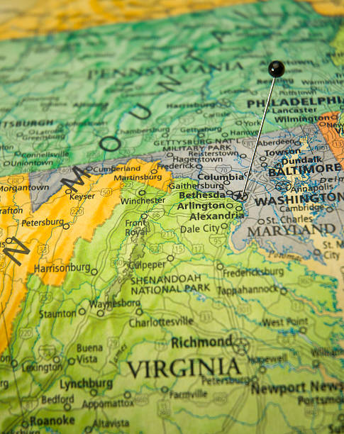 Road Map Of Bethesda Maryland And Washington DC Area Road Map Of Bethesda Maryland And Washington DC Area macro with map pin marking location maryland us state photos stock pictures, royalty-free photos & images
