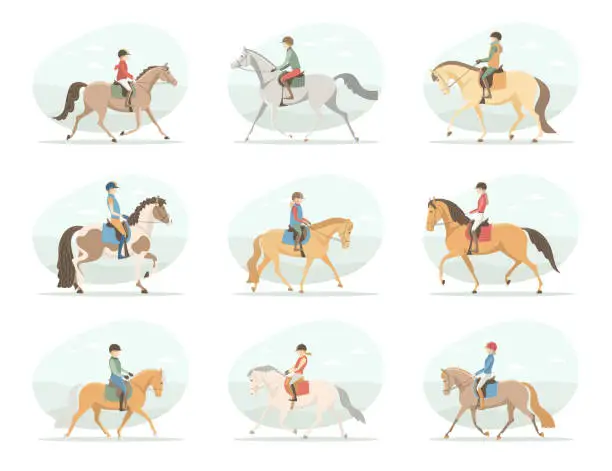 Vector illustration of Set of miniatures, a riding school, riders riding horses at a trot