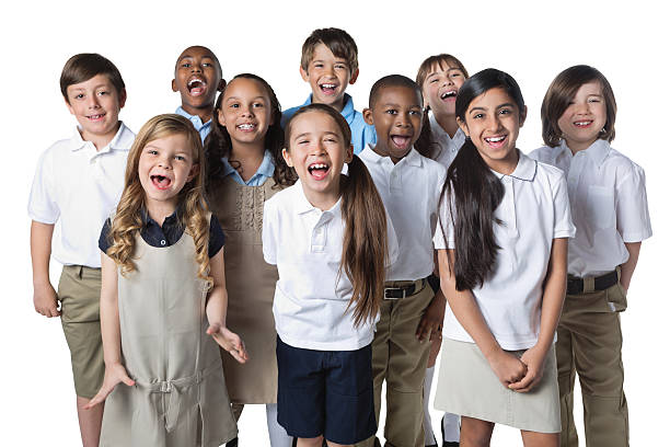 Excited group of private school students wearing uniforms
