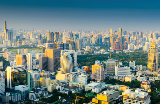 Panoramic view of urban landscape in Bangkok Thailand in twilight time at high rise building