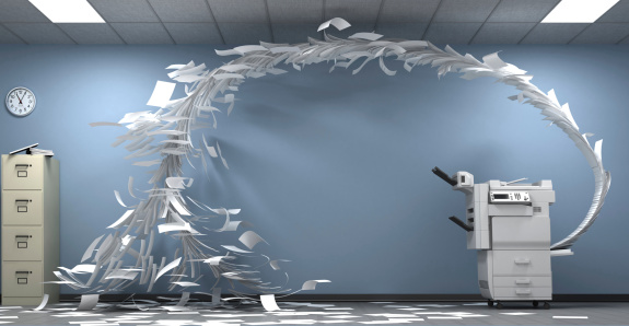 3D rendering of the copy machine throwing the paper out.