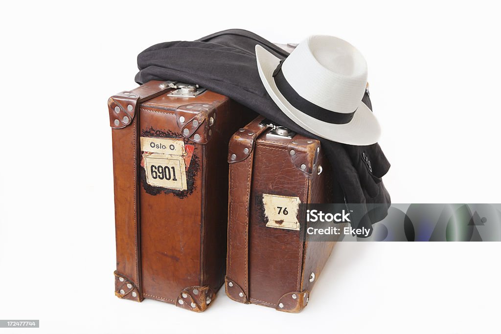 Grupa vintage skórzane walizki z kurtce i kapelusz. - Zbiór zdjęć royalty-free (Bagaż)