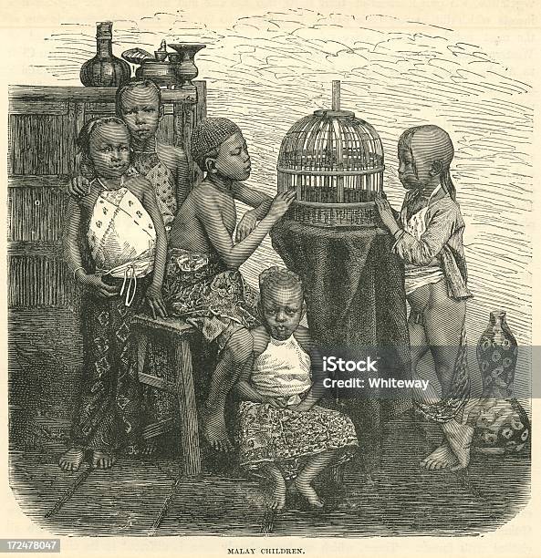 Малайский Детей В Xix Веке На Ул Старые Принтом — стоковая векторная графика и другие изображения на тему Гравюра - Гравюра, 1876, XIX век
