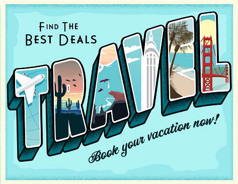 Vector illustration of a Vintage Travel Vintage Postcard design in 3D lettering style with different travel destinations in each letter. Fully editable vector eps and high resolution jpg in download.