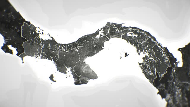Zoom in on monochrome map of Panama, 4K, high quality, dark theme, simple world map, monochrome style, night, highlighted country and cities, satellite and aerial view of provinces, state, city,