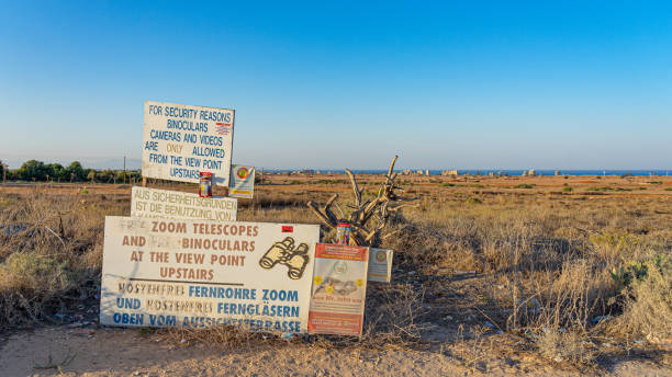 Famagusta view point, panels informing the location for observation through binoculars and telescope.Stop.  border between the Republic of Cyprus and northern Cyprus.  Corridor administered by the United Nations.