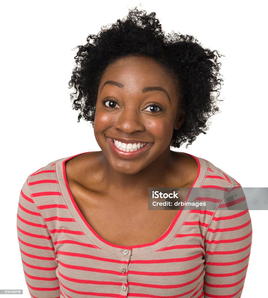 Excited Young Woman Grinning At Camera Portrait of a young African-American woman on a white background. 20-24 Years Stock Photo