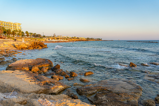 Beautiful beach in the tourist region of Paphos, Cyprus. September 2023
