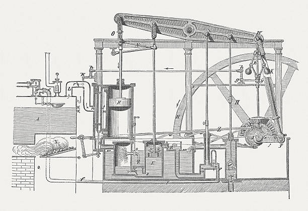 James Watt's double-acting steam engine (1769), wood engraving, published 1882 vector art illustration
