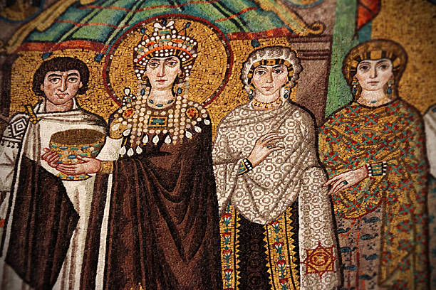 Empress Theodora Byzantine mosaic in Basilica of San Vitale, Ravenna, depicting Empress Theodora (6th century) with chaplain and court ladies byzantine stock pictures, royalty-free photos & images