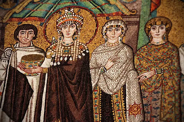 Byzantine mosaic in Basilica of San Vitale, Ravenna, depicting Empress Theodora (6th century) with chaplain and court ladies