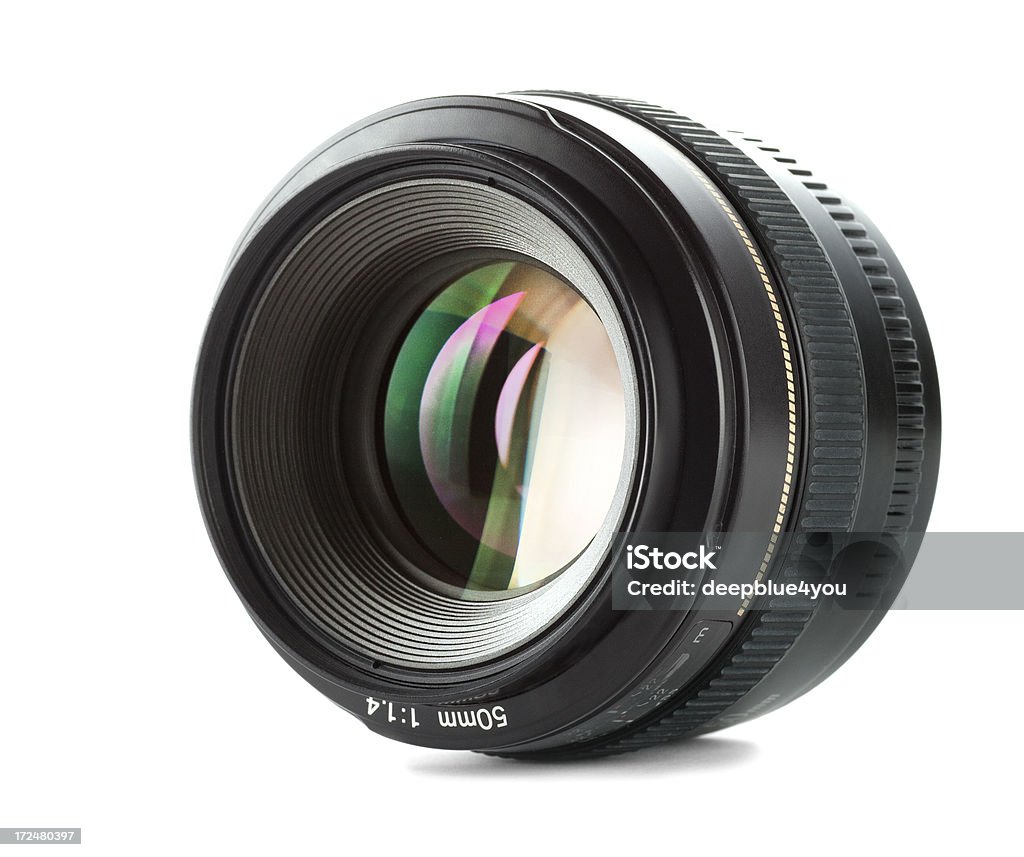 fast 50 mm lens on white reworked version without made in japan Camera - Photographic Equipment Stock Photo