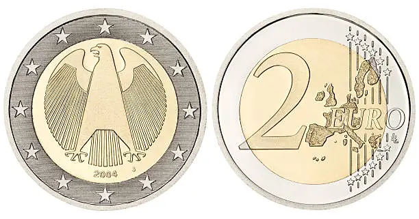 Proof grade Two Euro Coin in excellent condition. Isolated on white with clipping path.