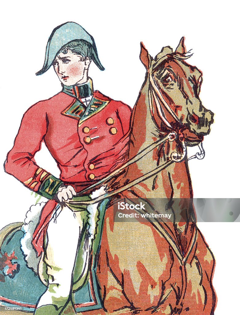 Red-coated soldier on a horse A red-coated soldier riding his horse. From “Pretty Peggy and Other Ballads”, illustrated by Rosina Emmet and published by Dodd, Mead & Company of New York in 1880. Please see my lightboxes for lots more. Army stock illustration