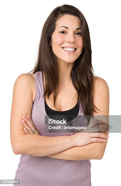 Happy Woman Waistup Portrait Arms Crossed Stock Photo - Download Image Now - 20-29 Years, 25-29 Years, 30-34 Years