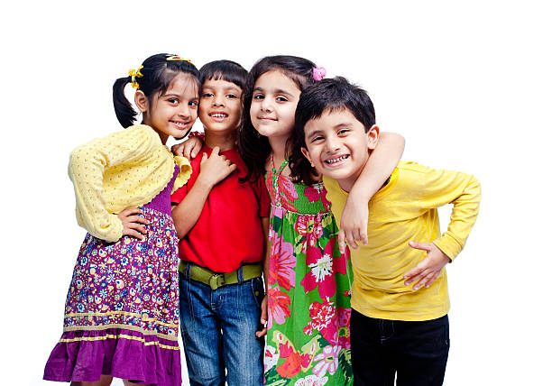 Group of Four Indian Children Only Isolated on White Please have a look at my Managed Lightboxes. beautiful traditional indian girl stock pictures, royalty-free photos & images