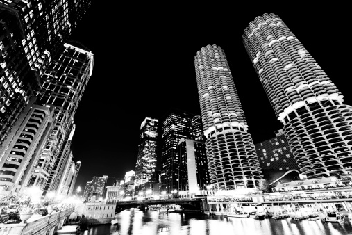 Chicago Skyline from the River.Black And White