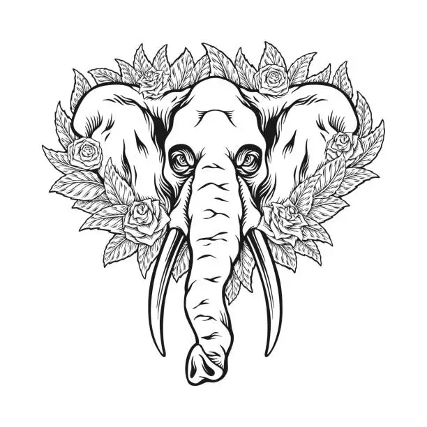 Vector illustration of Eternal muerte elephant floral monochrome