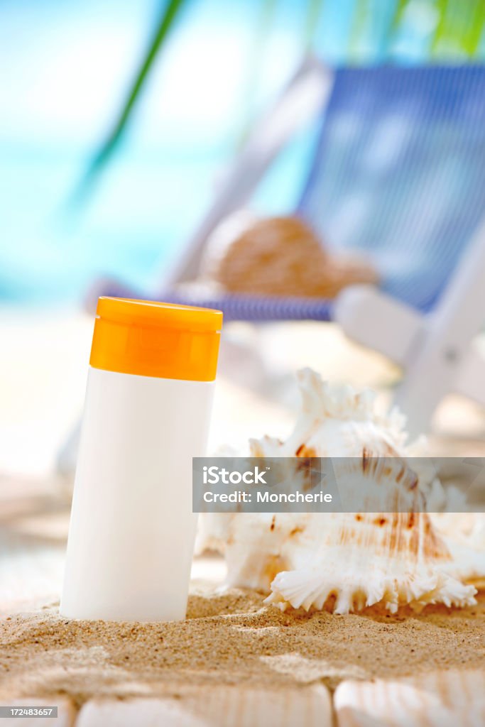 Suntan lotion, deck chair and sea shell with copy space "Suntan lotion, deck chair and sea shell with copy space" Animal Shell Stock Photo