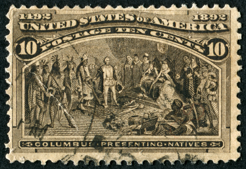 Cancelled Stamp From The United States In 1893 Showing Christopher Columbus Presenting Natives To The King And Queen Of Spain.
