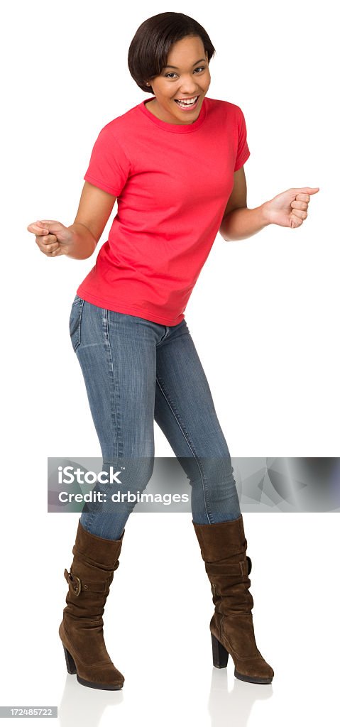 Dancing Young Woman Portrait of a young woman on a white background. African-American Ethnicity Stock Photo