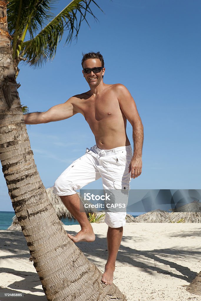 Piękny człowiek pozujących na Palm Tree - Zbiór zdjęć royalty-free (Biały)