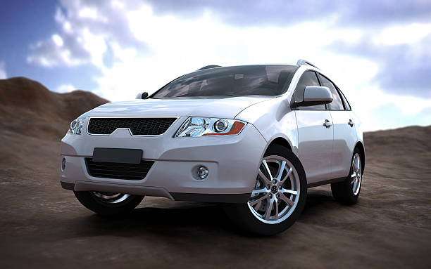 SUV car in nature Unique 3d modelled brandless, generic SUV in nature generic description stock pictures, royalty-free photos & images