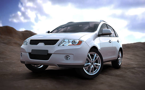 SUV car in nature Unique 3d modelled brandless, generic SUV in nature sports utility vehicle stock pictures, royalty-free photos & images