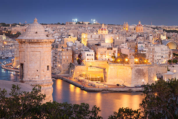 Night view of Valletta, Malta stock photo