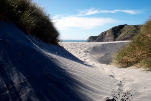 Sand dunes of Denmark on a sunny summer day. White desert sand. Scandinavian dunes. Bright blue sky and sand dunes.