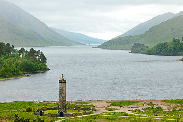 Glenfinnan Monument "The Glenfinnan monument sits upon beautiful Loch Shiel, Scotland, marking the spot of the Jacobite uprising of Bonnie Prince Charlie." glenfinnan monument stock pictures, royalty-free photos & images