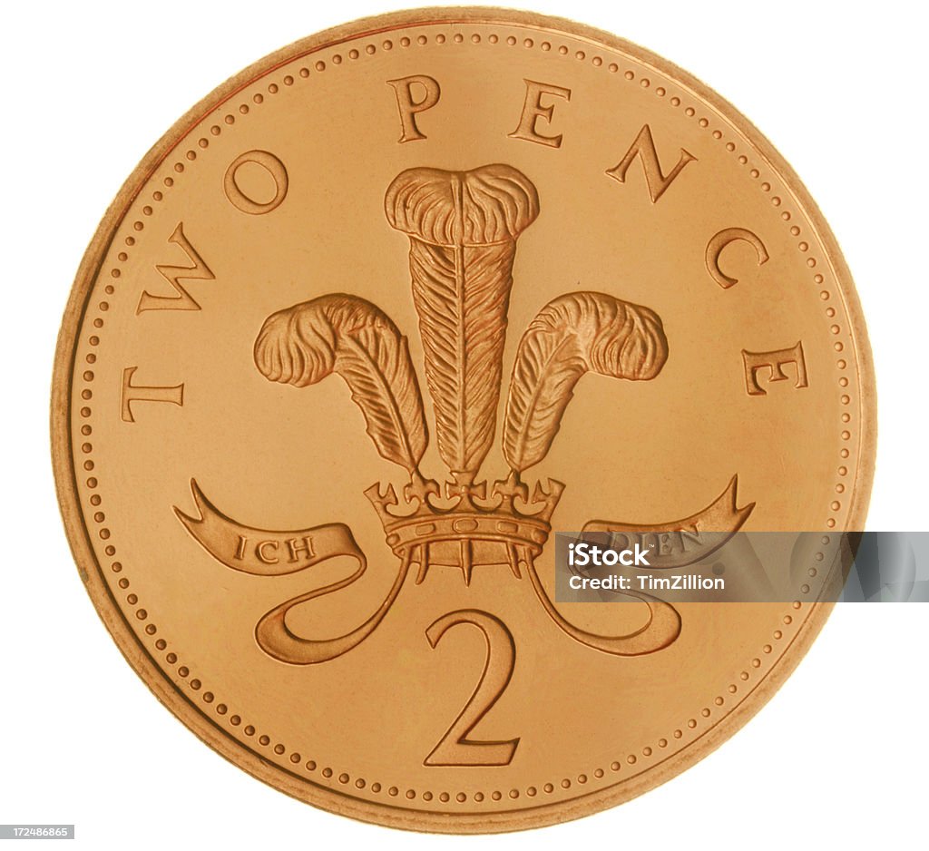 British Two Pence Coin (with Clipping Path) British two penny coin featuring the Prince of Wales feather and fleur de lys design. The image faithfully reproduces the correct copper colour of the coin in mint condition. Includes clipping path. British Coin Stock Photo