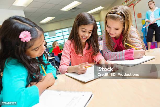 Foto de Linda Criança De Escola Fundamental Meninas Estudando Juntos Em Sala De Aula De Escola Pública e mais fotos de stock de Aluna