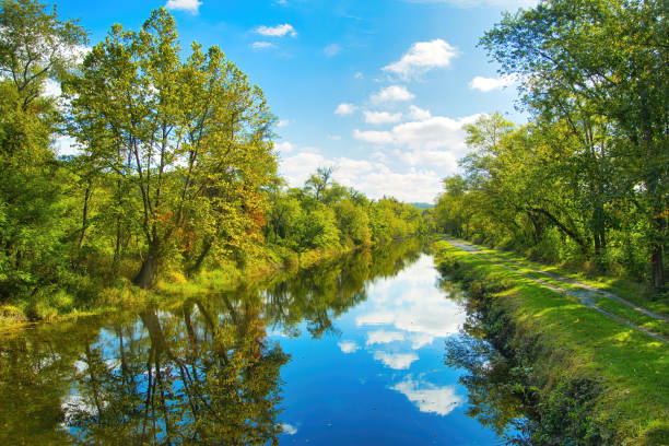 Autumn landscape of the C&O Canal Towpath Trail passing between the Canal and green forests in Maryland.