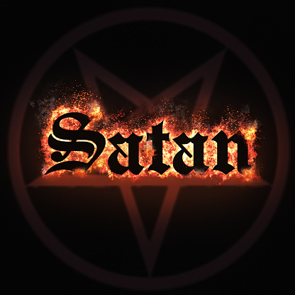 What the devil! Fire and flames surround the burning word Satan, with a pentagram in the background, and copy space.