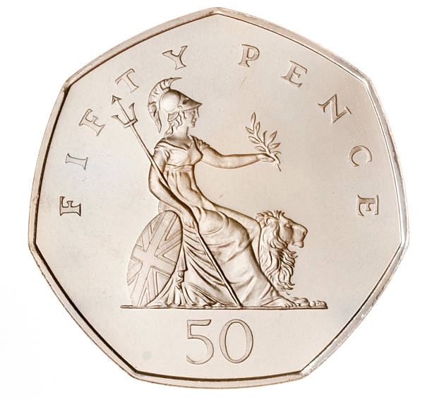 British fifty pence coin featuring the traditional Brittania design. The image faithfully reproduces the correct silver colour of the coin. Includes clipping path.