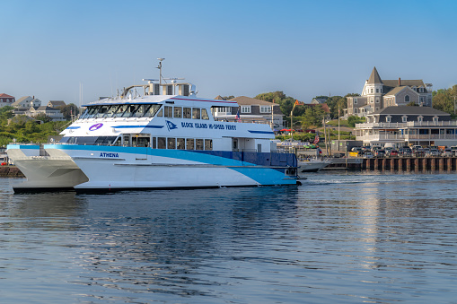 New Shoreham, RI, USA - August 12 2023:  Image of Old Harbor, Block Island Fast Ferry, primary transportation to and from Block Island.