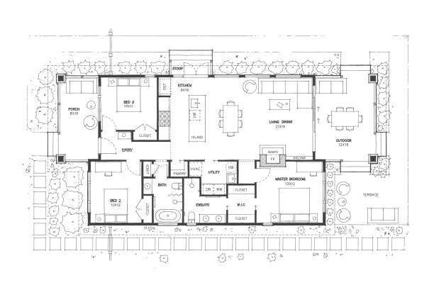 3 Bedroom House Floor Plan Concept Sketch A small craftsman style house / cottage hand drawn in a sketch style floor plan blueprint stock illustrations