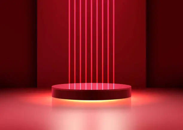 Vector illustration of 3D realistic empty red podium stand with red neon laser lines backdrop on dark red background modern technology style